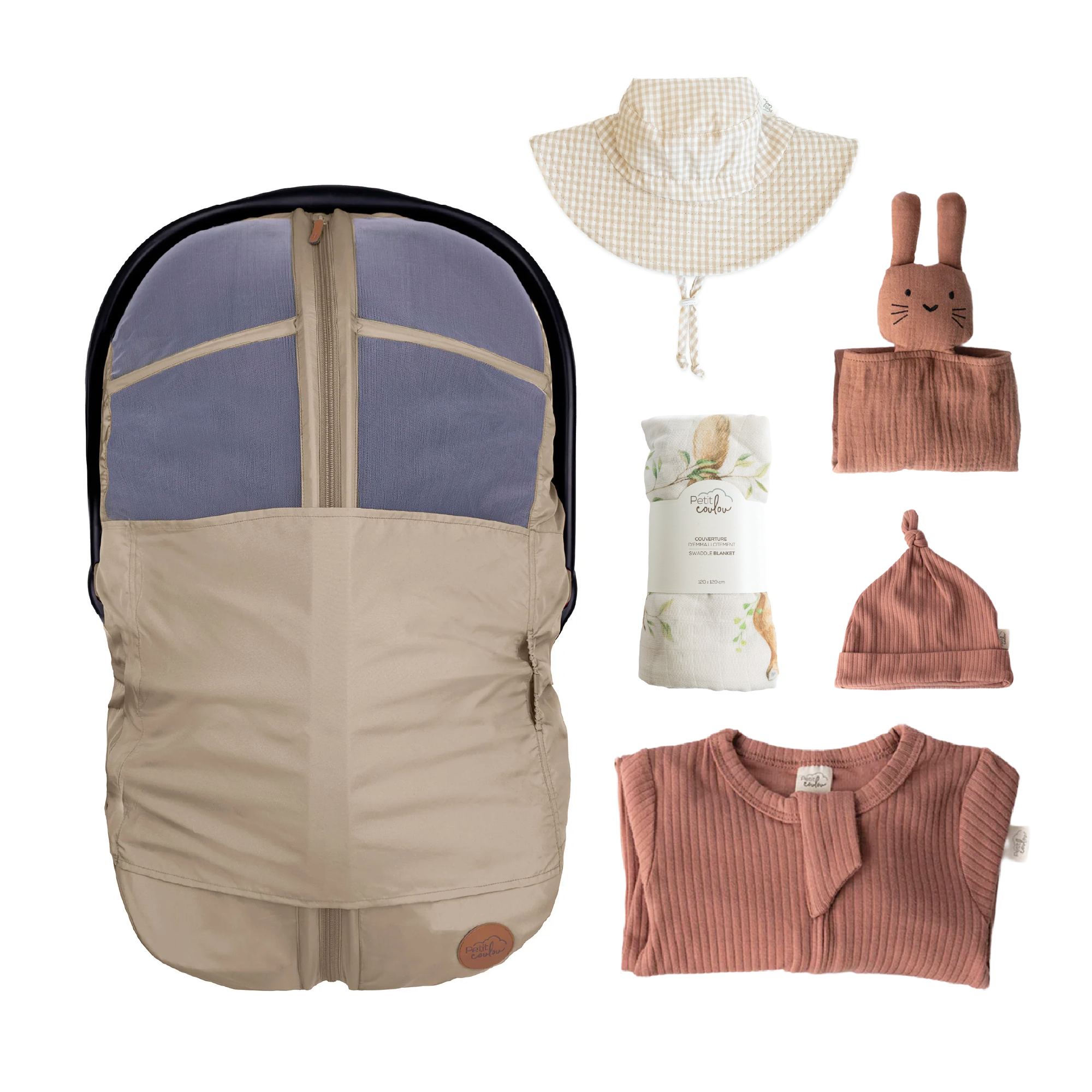 Combo : Housse été 4-en-1 avec coffret cadeau nouveau-né, mousseline et chapeau soleil