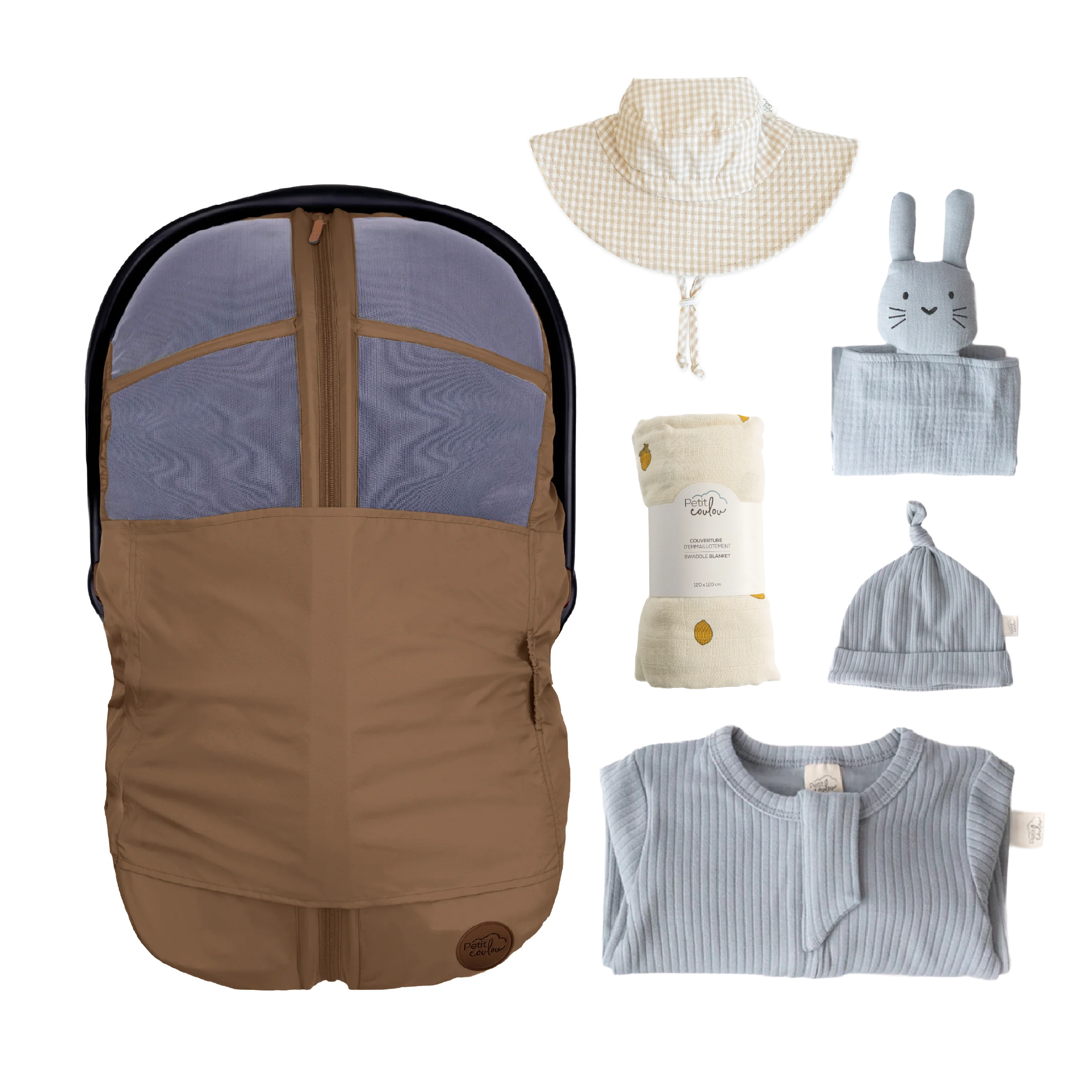 Combo : Housse été 4-en-1 avec coffret cadeau nouveau-né, mousseline et chapeau soleil
