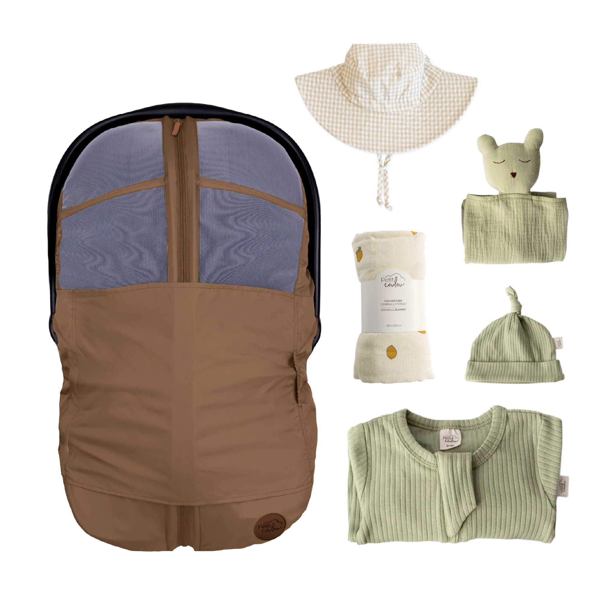 Combo : Housse été 4-en-1 avec coffret cadeau nouveau-né, mousseline et chapeau soleil