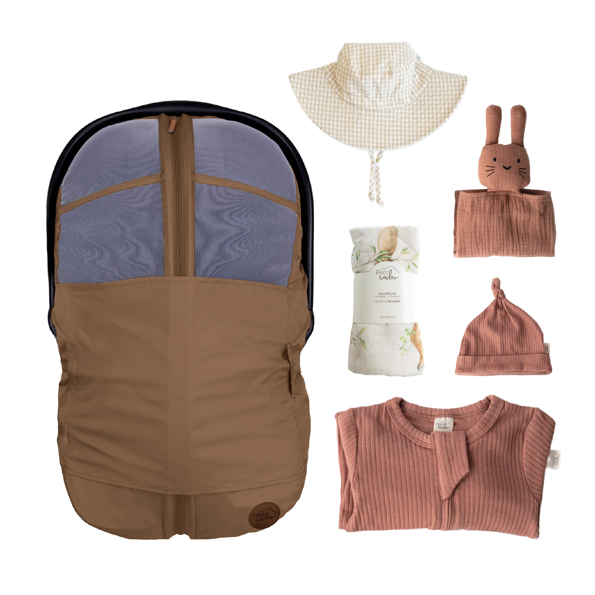 Combo : Housse été 4-en-1 avec coffret cadeau nouveau-né, mousseline et chapeau soleil