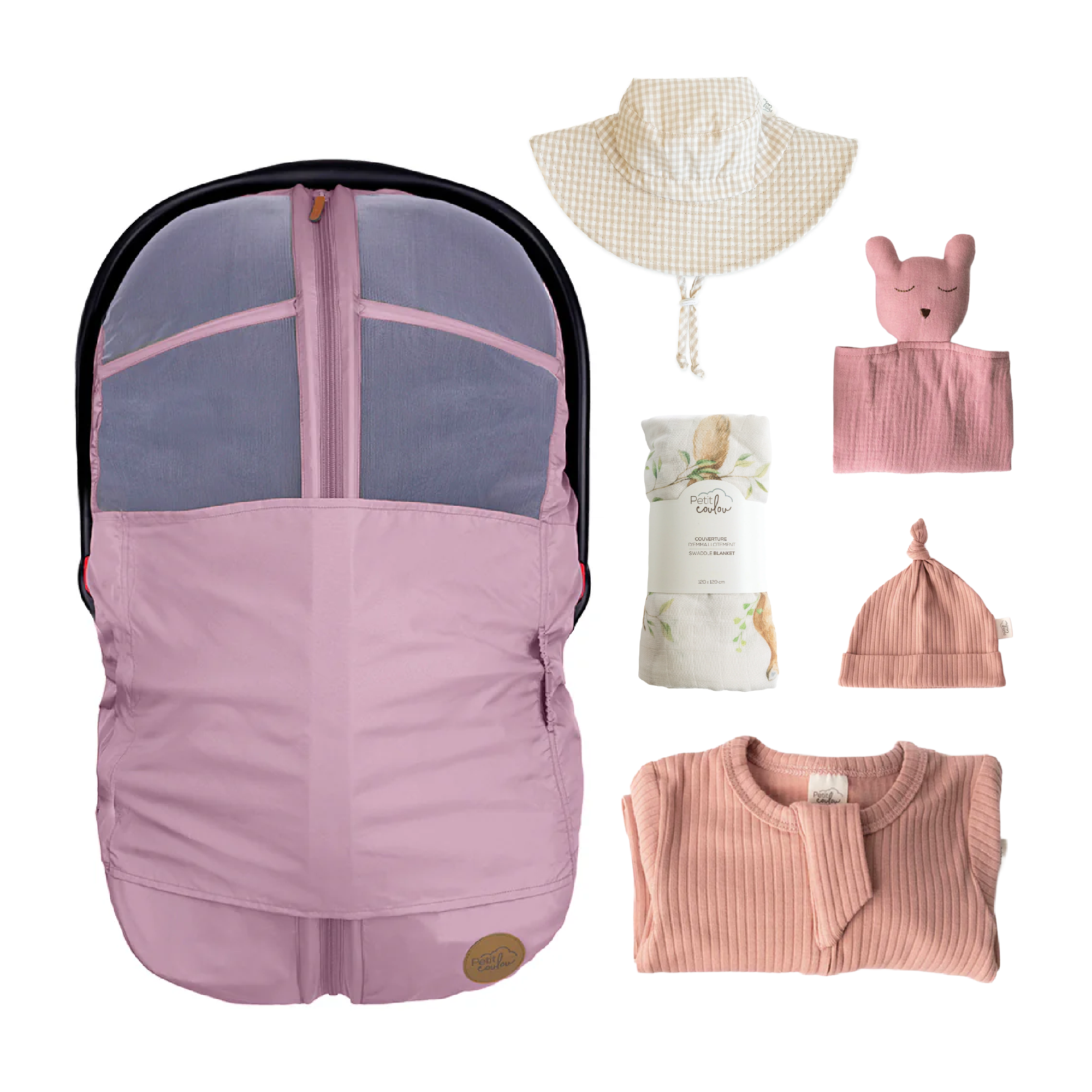 Combo : Housse été 4-en-1 avec coffret cadeau nouveau-né, mousseline et chapeau soleil