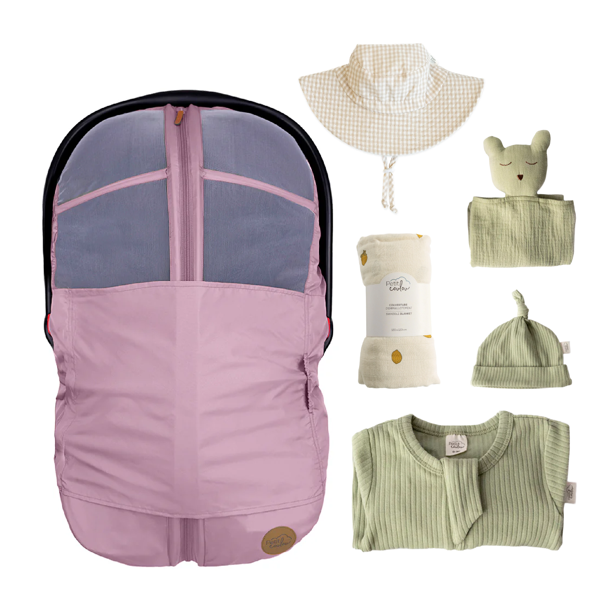 Combo : Housse été 4-en-1 avec coffret cadeau nouveau-né, mousseline et chapeau soleil
