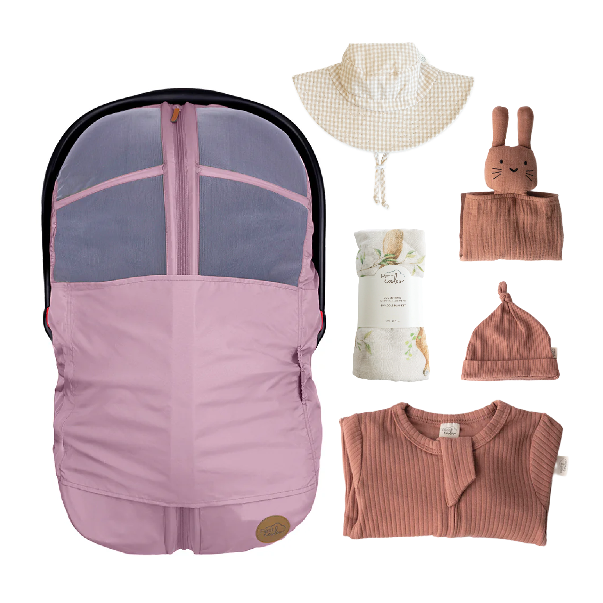 Combo : Housse été 4-en-1 avec coffret cadeau nouveau-né, mousseline et chapeau soleil