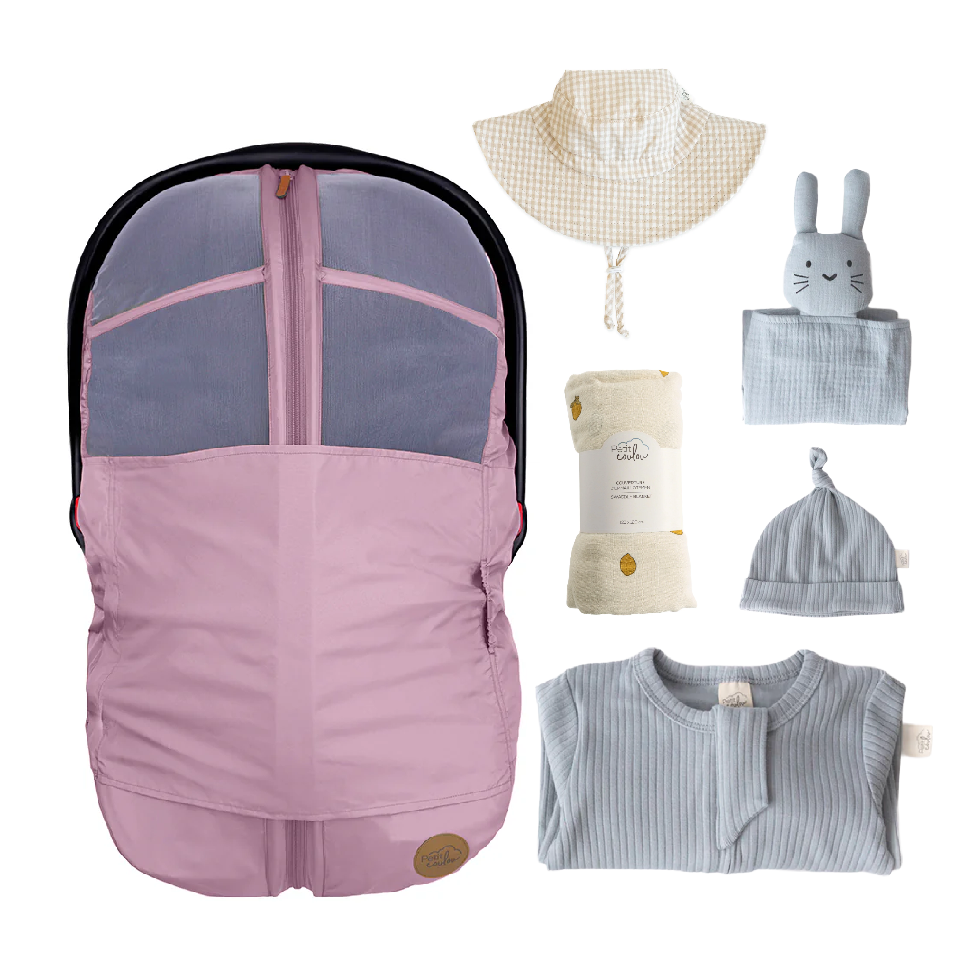 Combo : Housse été 4-en-1 avec coffret cadeau nouveau-né, mousseline et chapeau soleil