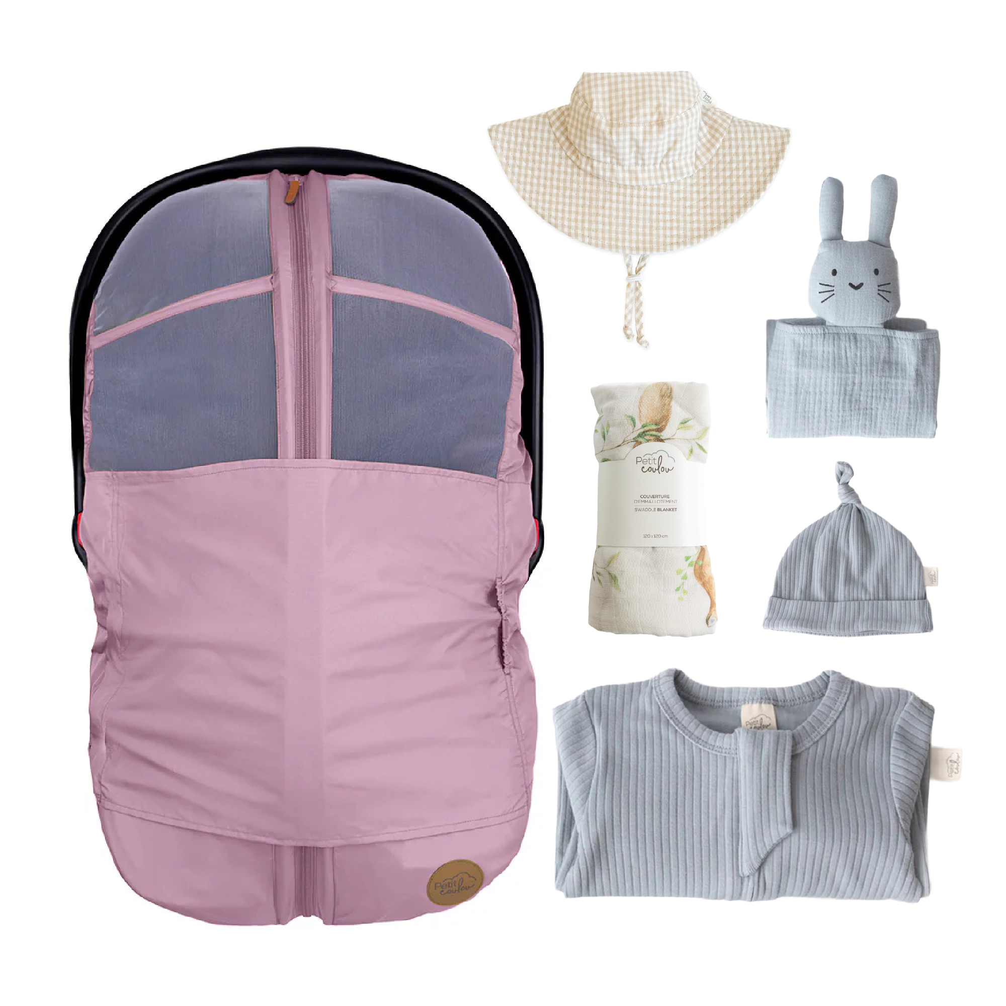 Combo : Housse été 4-en-1 avec coffret cadeau nouveau-né, mousseline et chapeau soleil