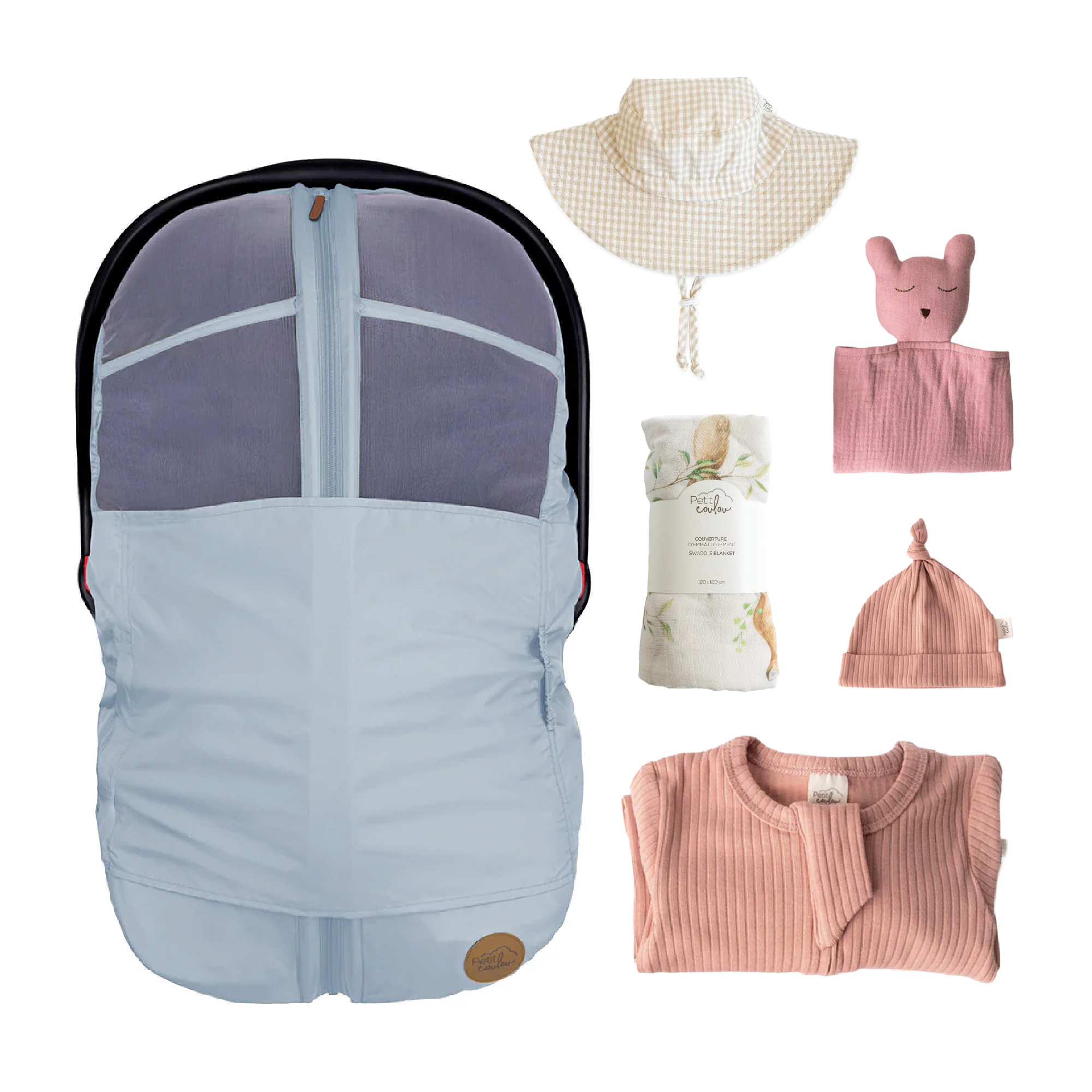 Combo : Housse été 4-en-1 avec coffret cadeau nouveau-né, mousseline et chapeau soleil