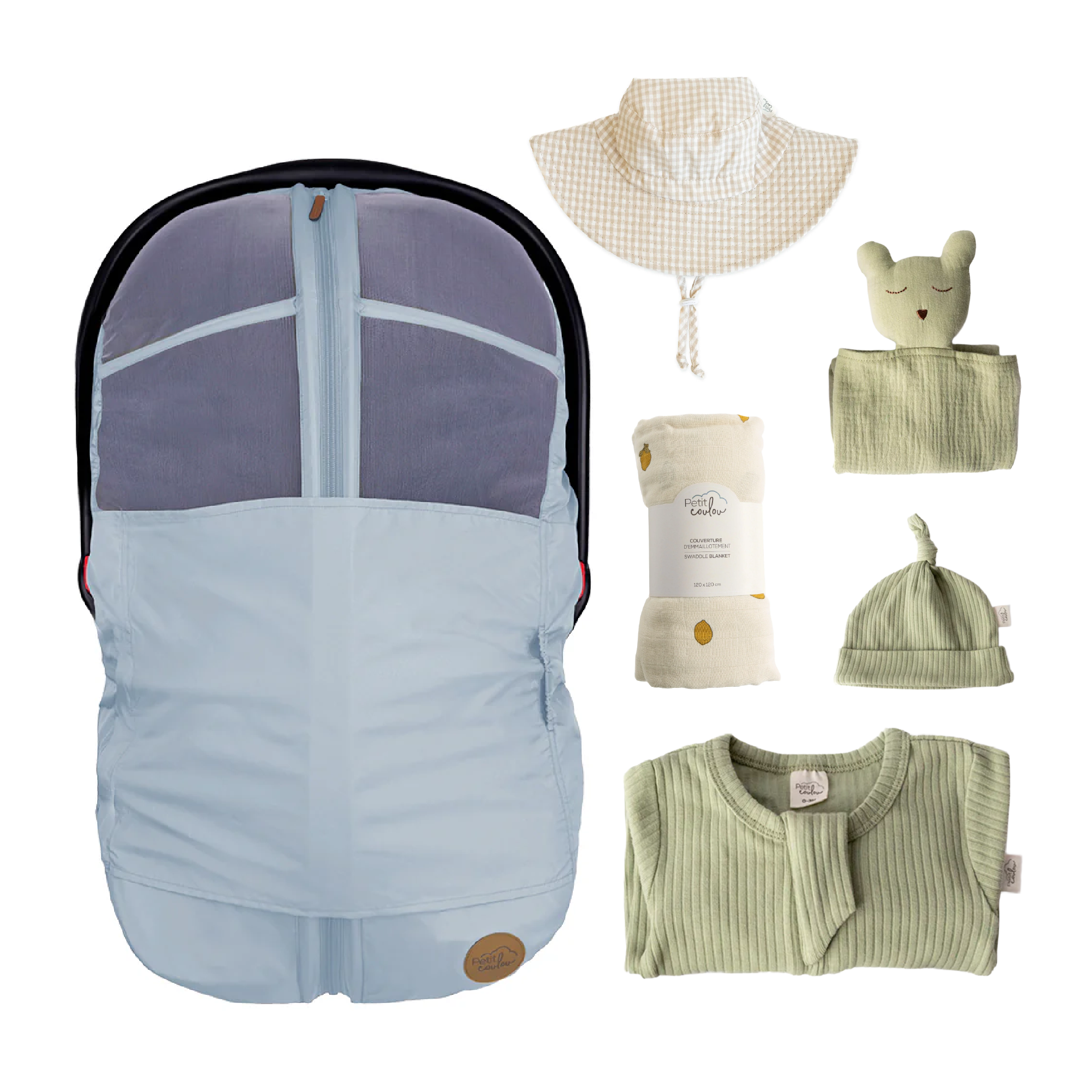 Combo : Housse été 4-en-1 avec coffret cadeau nouveau-né, mousseline et chapeau soleil