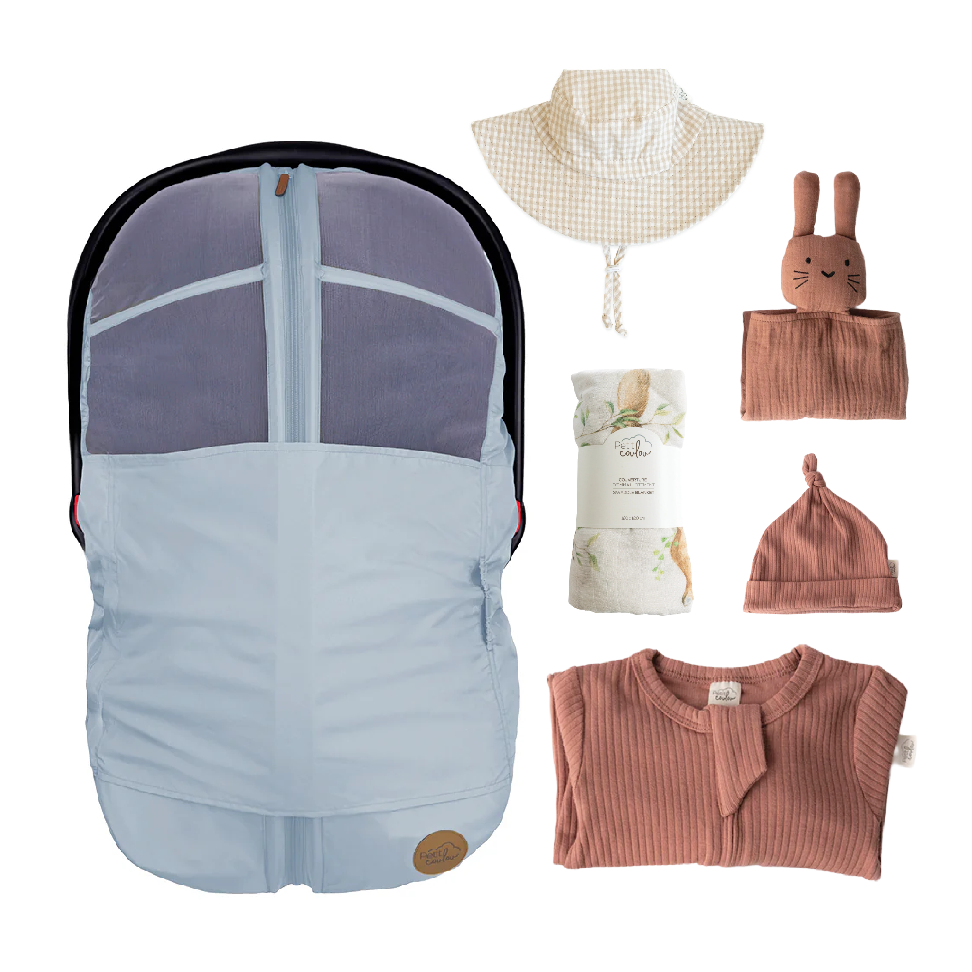 Combo : Housse été 4-en-1 avec coffret cadeau nouveau-né, mousseline et chapeau soleil