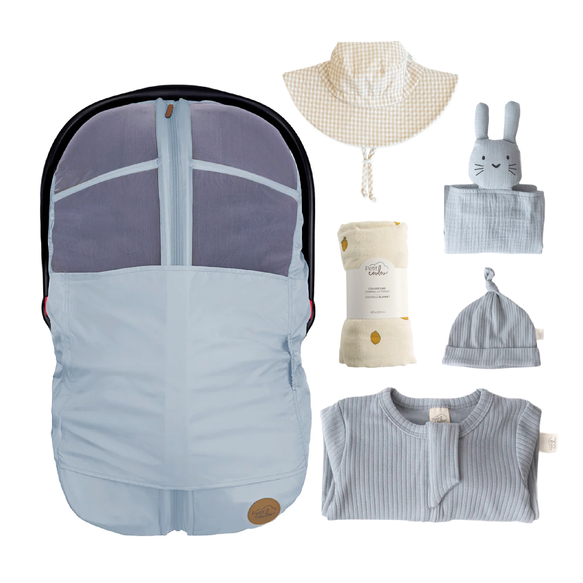 Combo : Housse été 4-en-1 avec coffret cadeau nouveau-né, mousseline et chapeau soleil