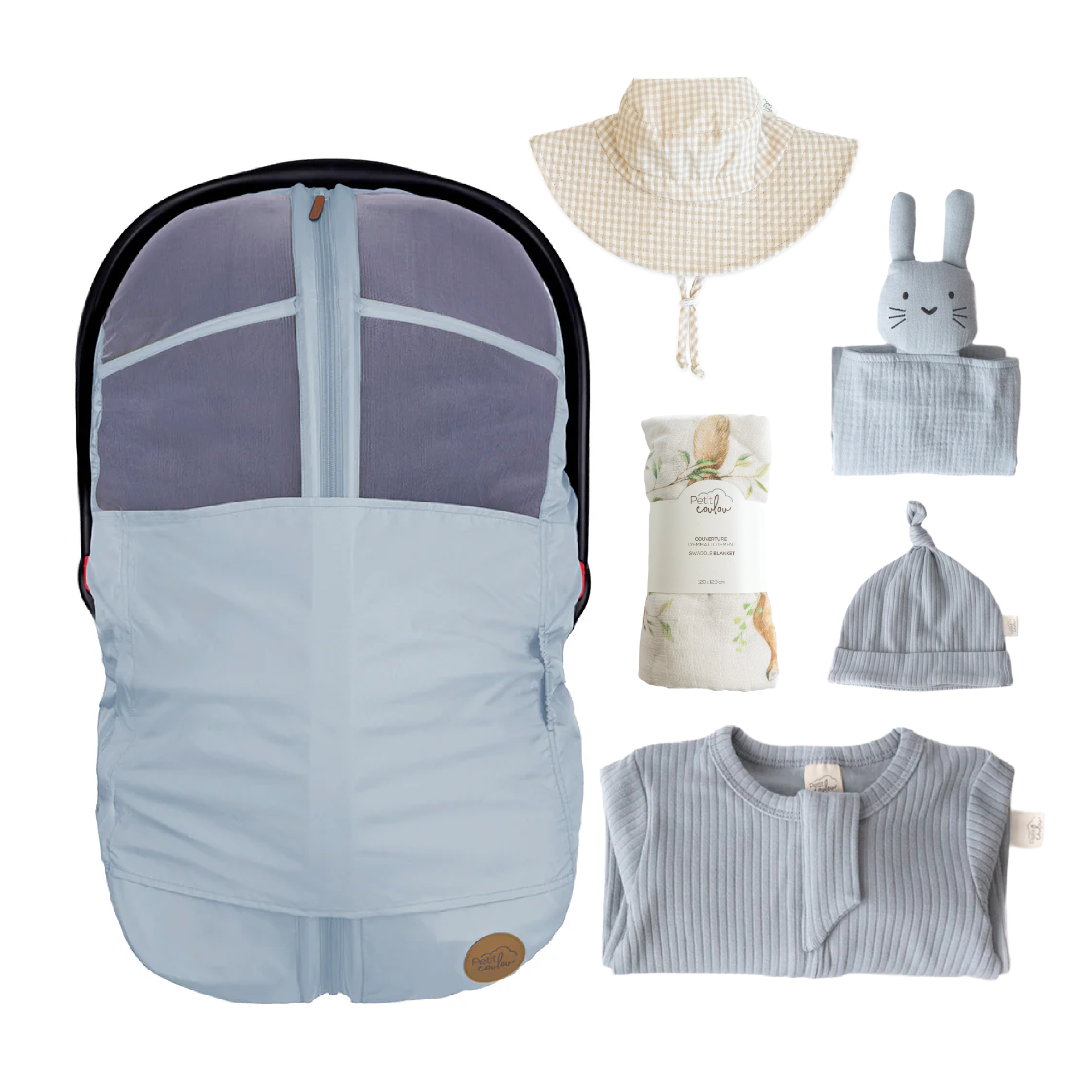 Combo : Housse été 4-en-1 avec coffret cadeau nouveau-né, mousseline et chapeau soleil