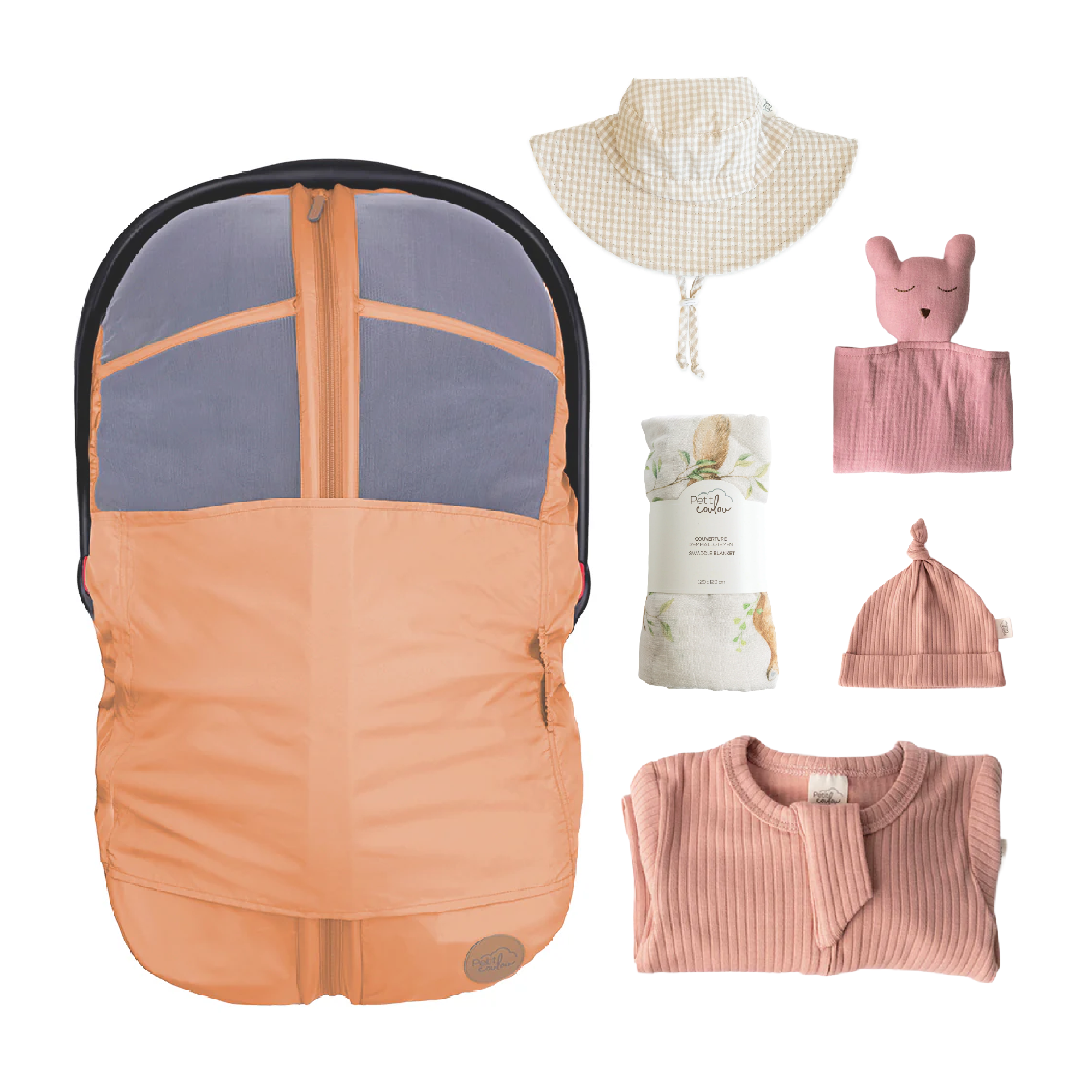 Combo : Housse été 4-en-1 avec coffret cadeau nouveau-né, mousseline et chapeau soleil