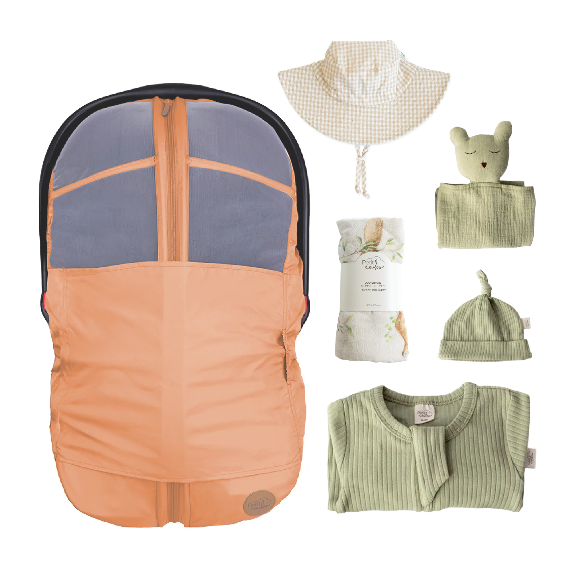 Combo : Housse été 4-en-1 avec coffret cadeau nouveau-né, mousseline et chapeau soleil