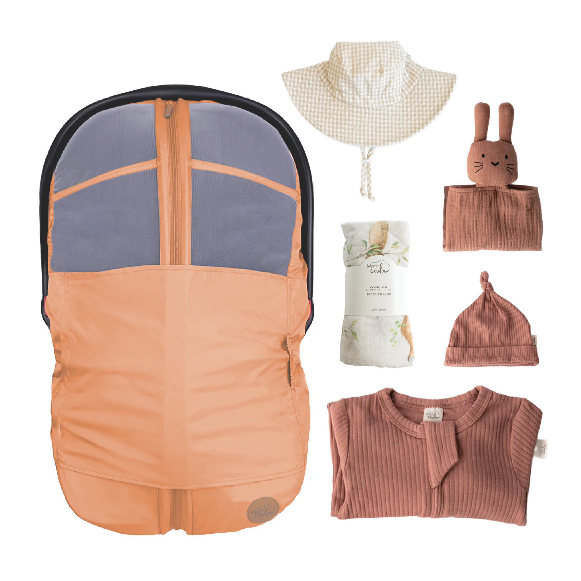 Combo : Housse été 4-en-1 avec coffret cadeau nouveau-né, mousseline et chapeau soleil