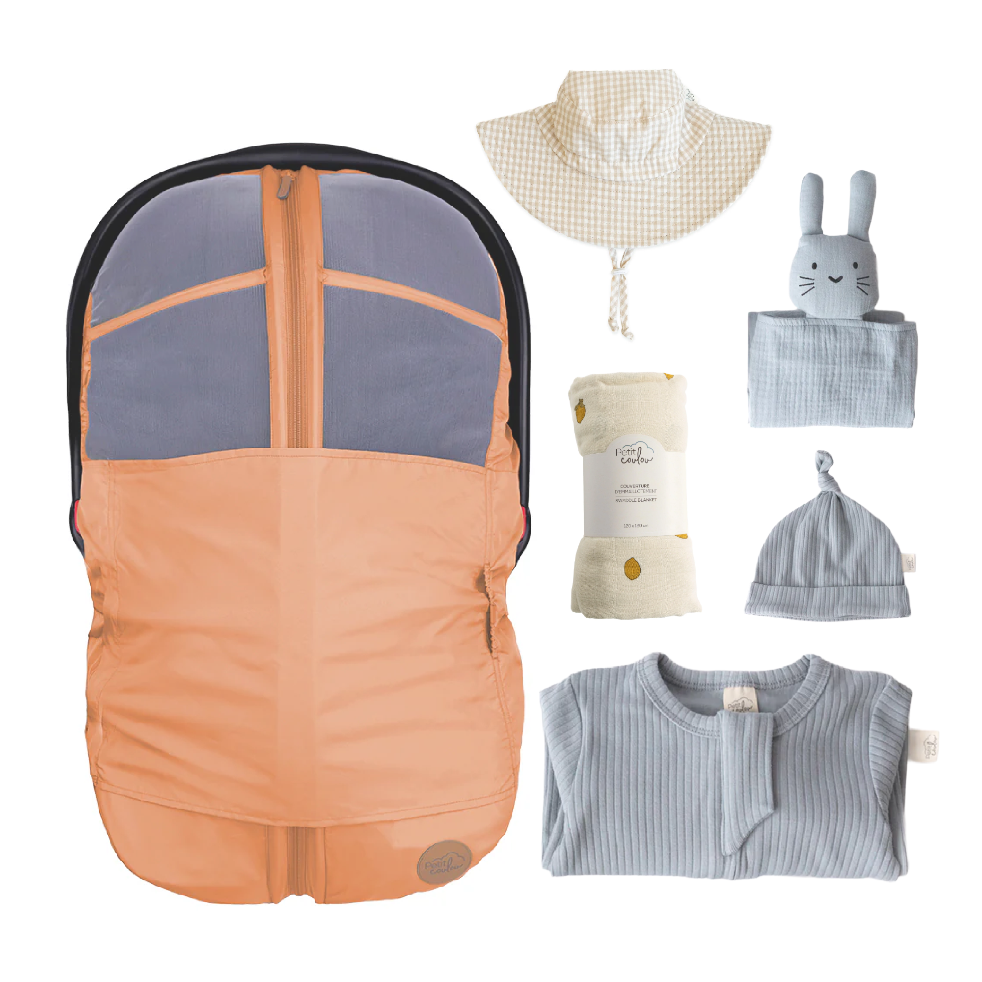 Combo : Housse été 4-en-1 avec coffret cadeau nouveau-né, mousseline et chapeau soleil