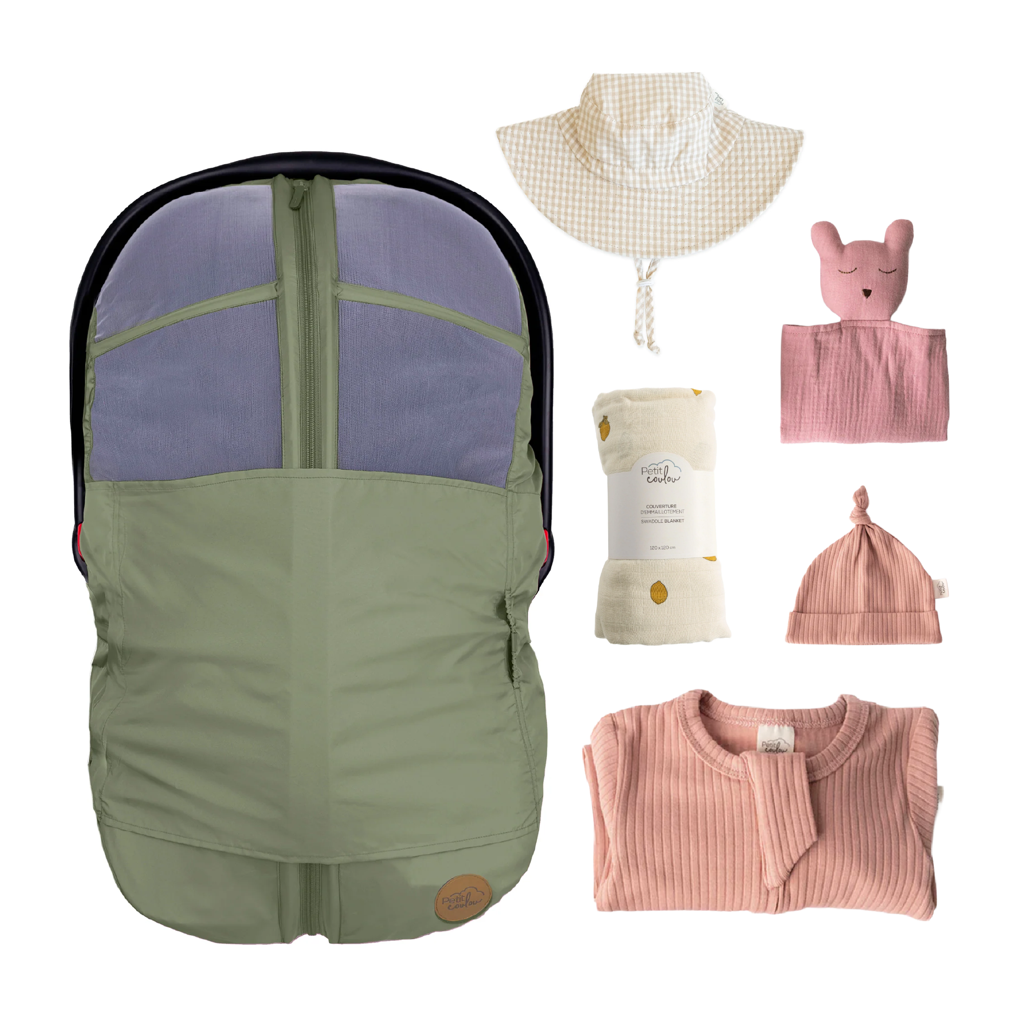 Combo : Housse été 4-en-1 avec coffret cadeau nouveau-né, mousseline et chapeau soleil