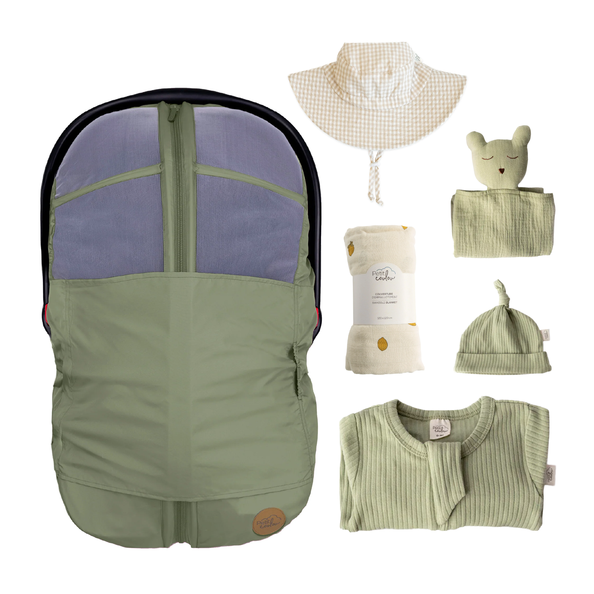 Combo : Housse été 4-en-1 avec coffret cadeau nouveau-né, mousseline et chapeau soleil