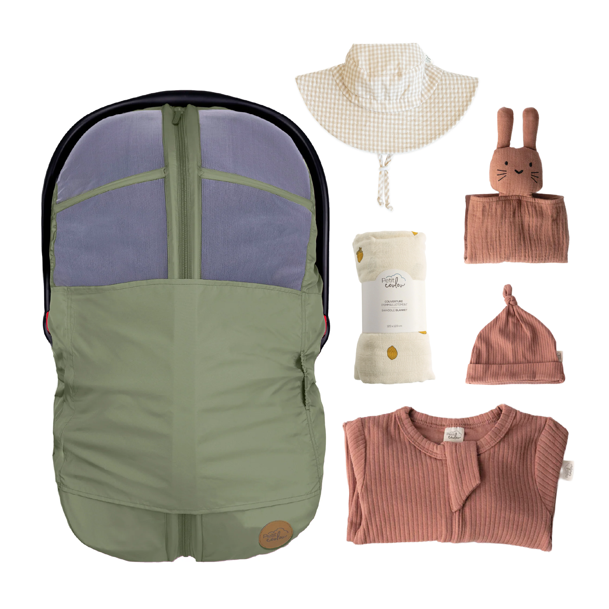 Combo : Housse été 4-en-1 avec coffret cadeau nouveau-né, mousseline et chapeau soleil