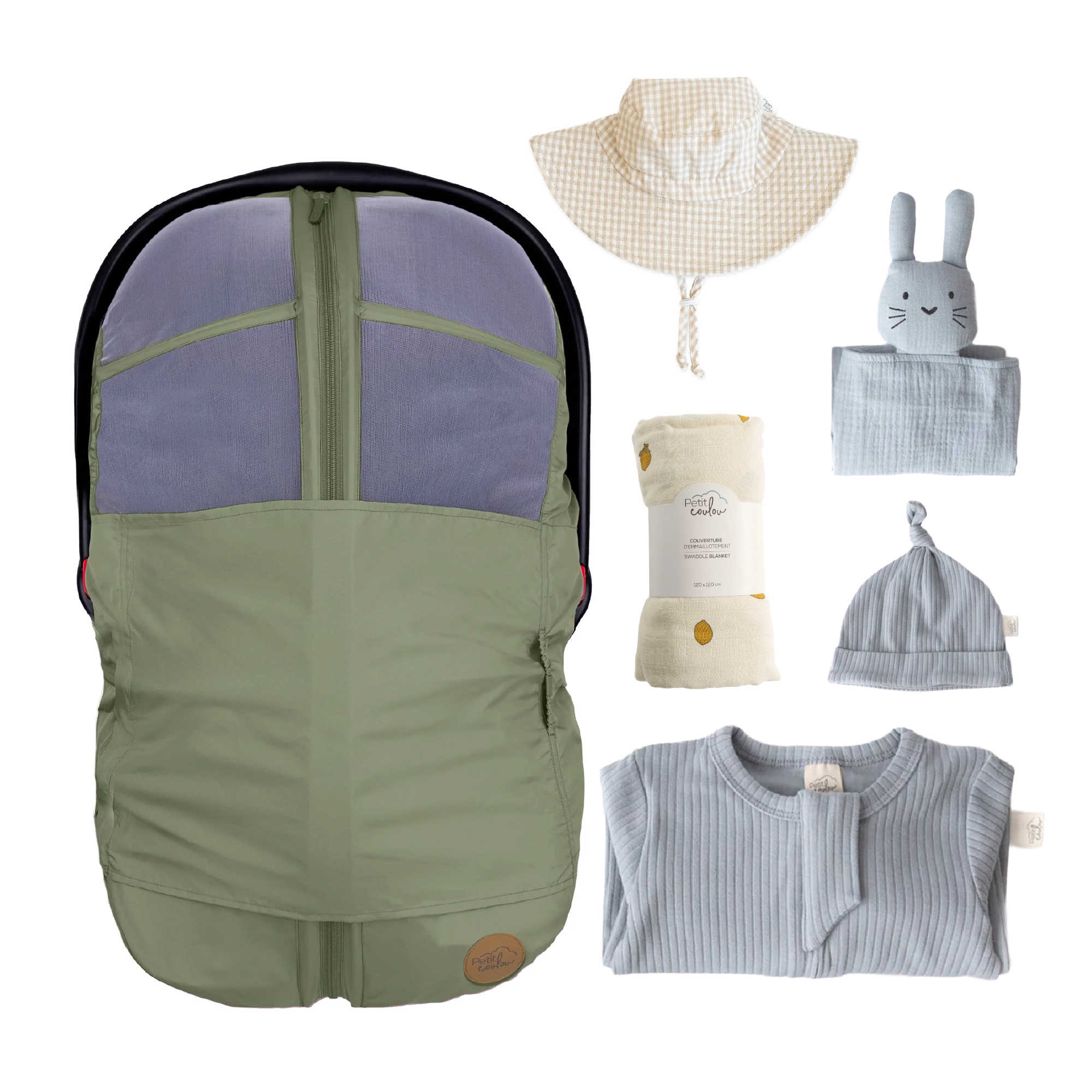 Combo : Housse été 4-en-1 avec coffret cadeau nouveau-né, mousseline et chapeau soleil