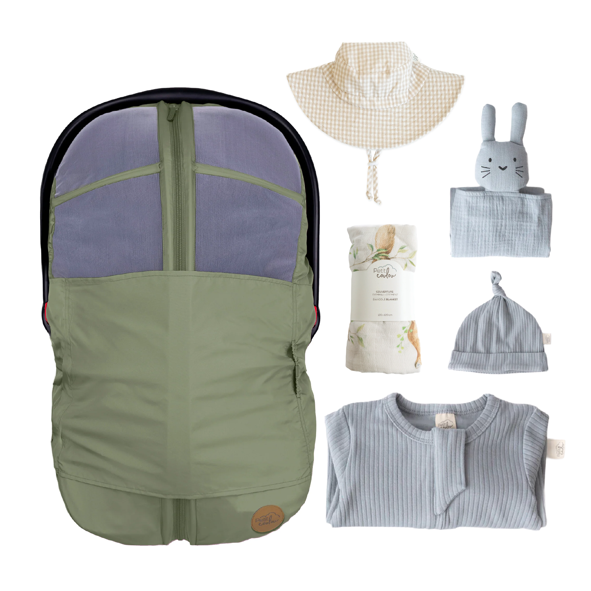 Combo : Housse été 4-en-1 avec coffret cadeau nouveau-né, mousseline et chapeau soleil