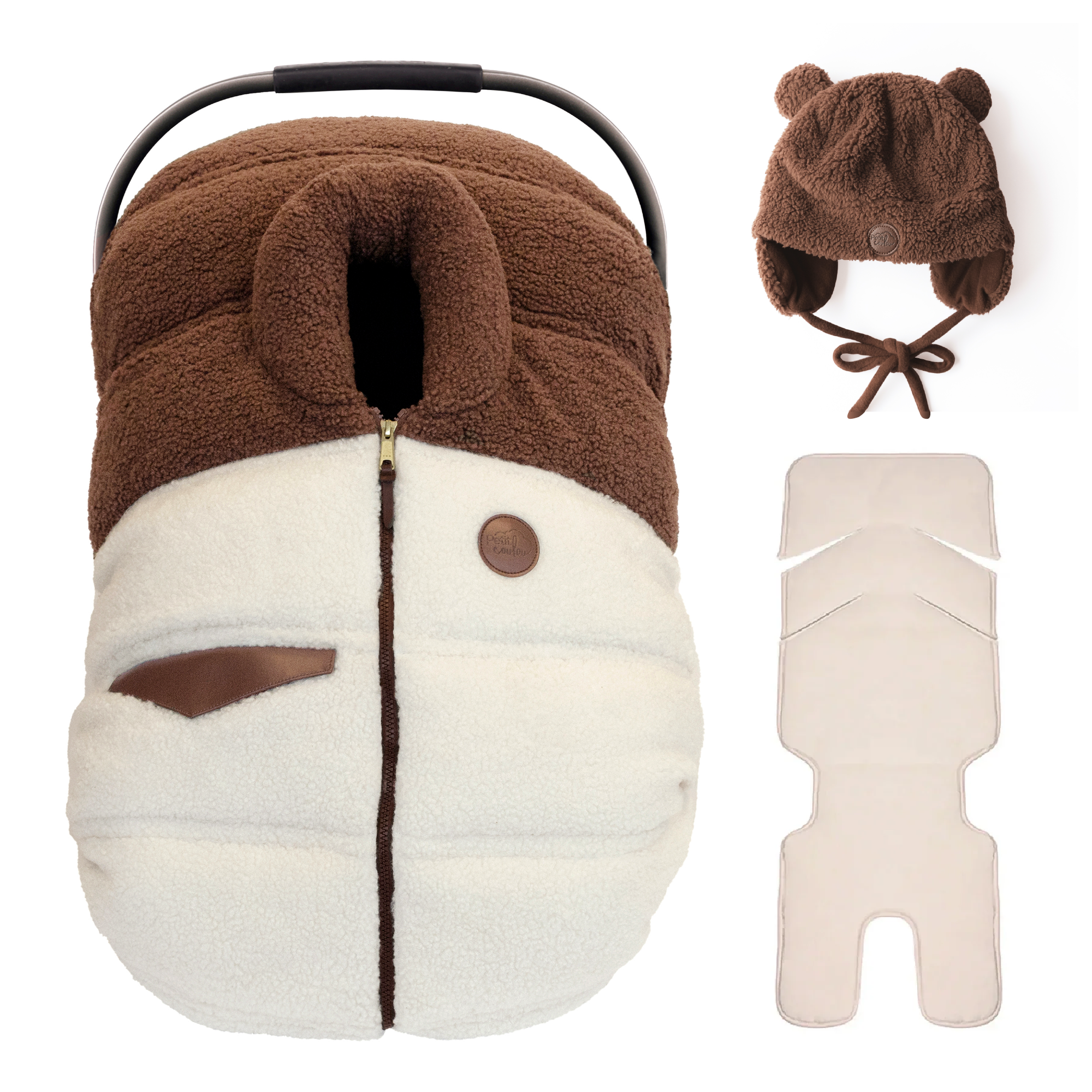 Bundle: Sherpa winter car seat cover with a teddy bear hat and insulating backing