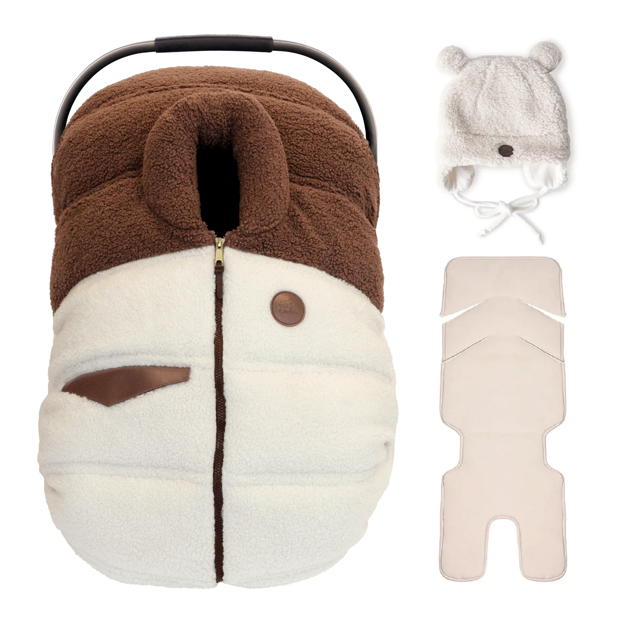 Bundle: Sherpa winter car seat cover with a teddy bear hat and insulating backing